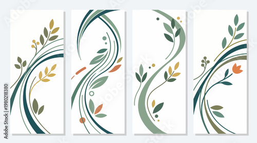 Set of four vertical botanical decorative panels with stylized flowing vines.