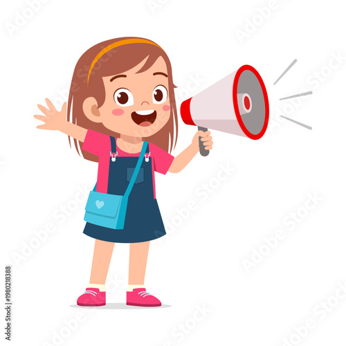 Cheerful young girl smiling widely holding a megaphone and waving her hand expressing excitement with her blue bag