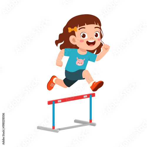 Happy energetic child girl jumping over a hurdle wearing blue t-shirt and orange shoes illustration