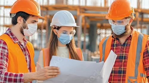 Construction team reviewing blueprints on a building site wearing safety gear and face masks for health and safety protocols during project planning
