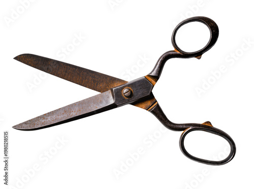 Принти на полотні Isolated old and rusty sewing scissors with blades slightly open, classic tailor