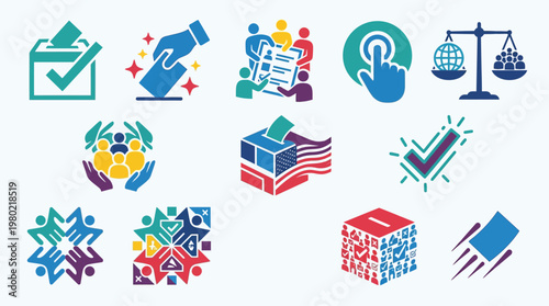 Collection of colorful icons representing voting, democracy, and civic engagement with diverse symbols.