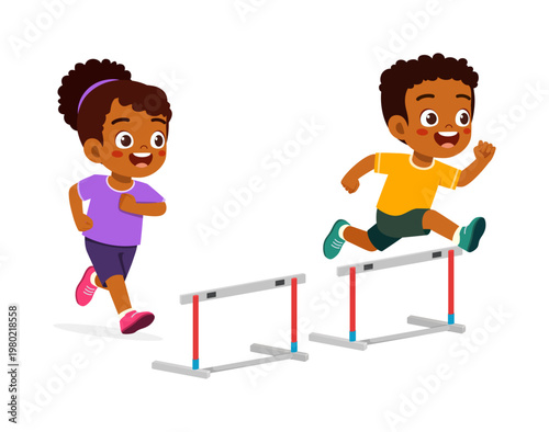 African American boy joyfully jumping a hurdle next to a smiling African American girl running flat cartoon illustration