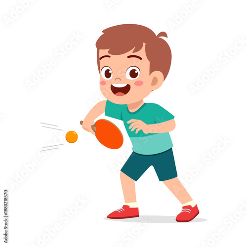 Smiling cartoon boy playing table tennis with an orange paddle and ball showing happiness
