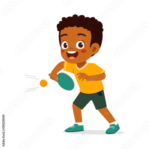 A happy smiling African American boy playing table tennis with a paddle and ball in a cheerful mood
