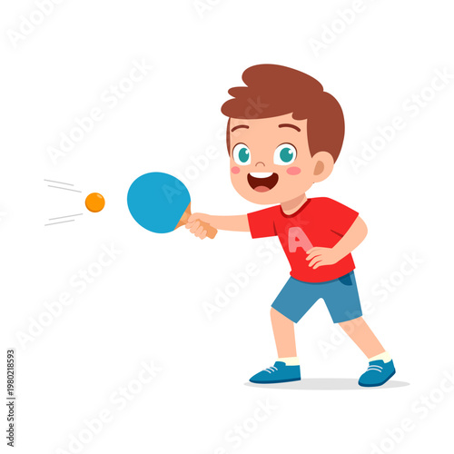 Happy young boy playing table tennis enthusiastically smiling with a joyful expression in a playful cartoon illustration