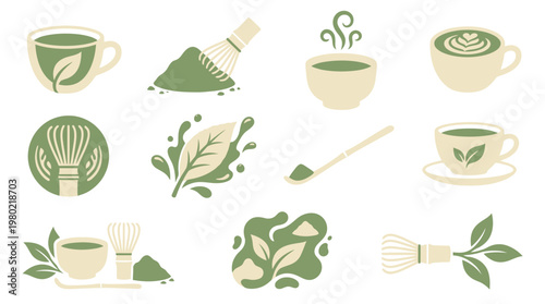 Collection of stylized icons and illustrations representing matcha tea preparation and consumption, featuring tea cups, whisks, and powdered tea.