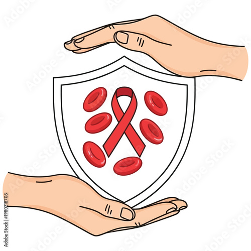 hands holding shield with aids awareness red ribbon and red blood cells symbol protection concept.