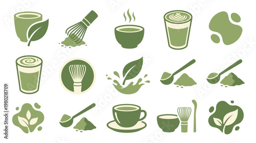 A collection of stylized green icons representing matcha tea, including cups, whisks, and leaves, illustrating the preparation and enjoyment of this popular beverage.