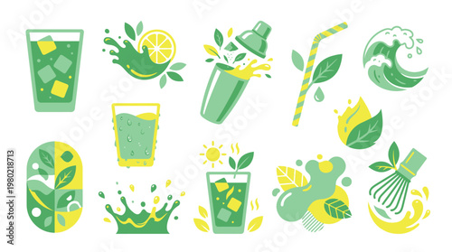 Collection of stylized green beverage and nature-themed graphic elements, including drinks, leaves, waves, and sun.