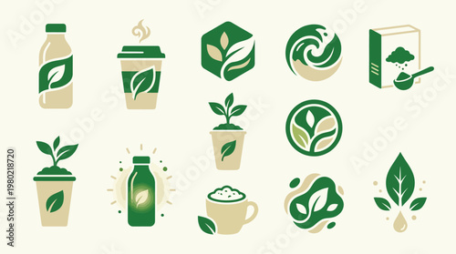 Collection of green leaf-themed icons representing natural products, drinks, and organic concepts.