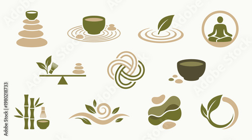 Collection of serene and balanced icons representing wellness, meditation, and natural elements.