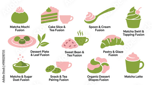 A vibrant illustration showcasing various matcha-infused dessert and drink fusions, including mochi, cake, lattes, and pastries.