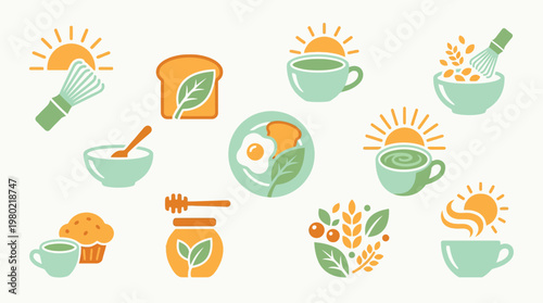 Collection of stylized icons representing breakfast items, drinks, and healthy food elements with a sunrise motif.