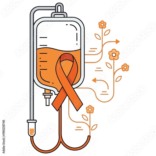 orange ribbon with iv bag and growing flowers representing cancer treatment and recovery illustration.