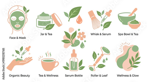 Collection of illustrations depicting organic beauty products and wellness rituals, including face masks, serums, tea, and spa treatments.