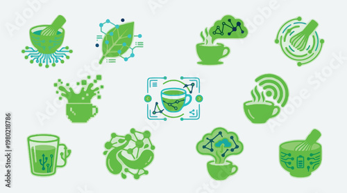 Collection of green icons representing the intersection of nature, technology, and beverages, featuring elements like cups, leaves, and digital circuits.