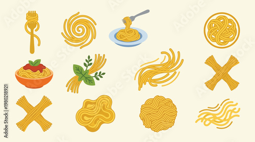 A vibrant collection of diverse pasta shapes and dishes, showcasing various culinary preparations and artistic representations of Italian cuisine.