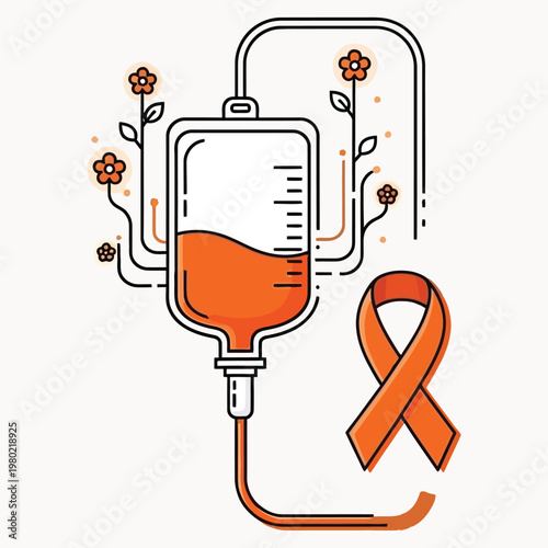 intravenous therapy bag with orange ribbon and growing flowers for cancer treatment illustration.