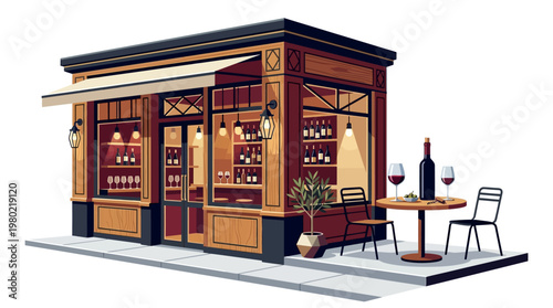 Wine and dine restaurant exterior scene.