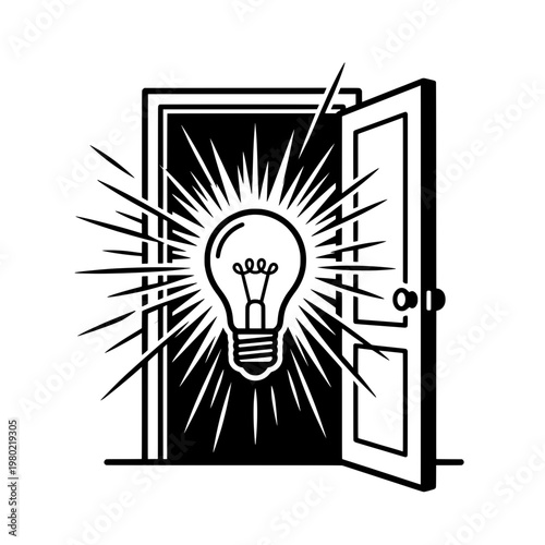 open door with bright lightbulb line drawing illustration vector clipart black and white