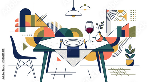 Wine Glass on Dining Table Setting.