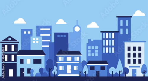 Bilde på lerret Modern Cityscape with Diverse Buildings and Trees Under a Blue Sky