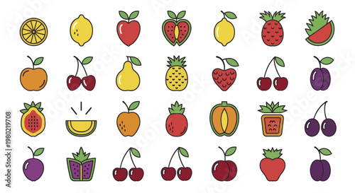 Vibrant Collection of Fresh Fruits and Berries in a Colorful Cartoon Style.
