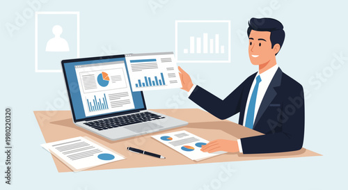 Businessman analyzing data on laptop at desk.