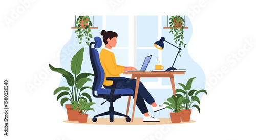 A man sitting at a desk with a laptop and plants.