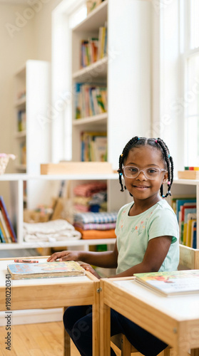 Young Black girl with glasses sitting at a desk in a classroom setting, inclusive education and focused student portrait, academic growth environment.
