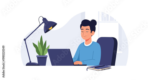 A woman works on her laptop at a desk.