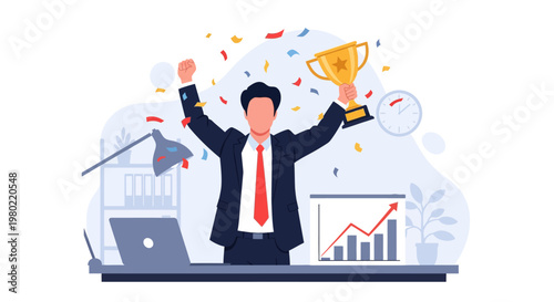 Businessman celebrating success with trophy.