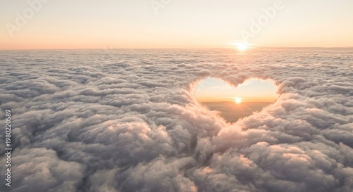 Aerial view of a heart shaped opening in a vast blanket of clouds at sunrise, with warm golden light reflecting through the center to convey love, serenity, romance, and hope from above