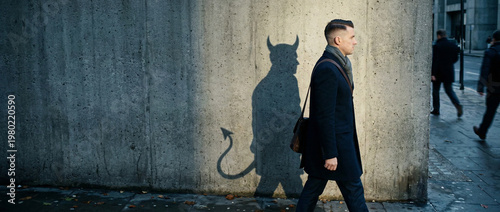 Urban commuter walking beside a rough concrete wall where his shadow becomes a horned figure with a pointed tail, illustrating hidden vice, secret identity, moral tension, and personal duality