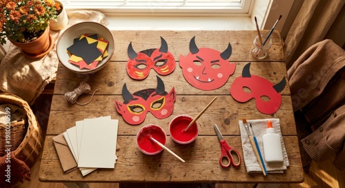 Top view of a cozy craft table with handmade red devil masks, paint, brushes, scissors, and paper supplies near a sunlit window, showing a creative seasonal diy project at home for family fun