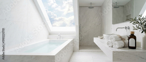 Bright white marble bathroom interior with built in bathtub beneath a sloped skylight, open shower, floating vanity and rolled towels, styled as a clean minimalist luxury home spa retreat