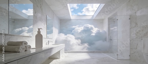 Sunlit marble bathroom with skylight, glass shower and floating counter opening onto luminous clouds, blending modern luxury interior design with a surreal dreamlike sky backdrop view