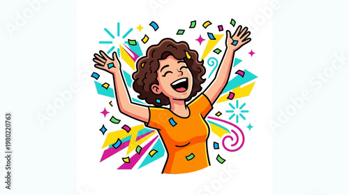 Woman Celebrating with Confetti and Smiling.