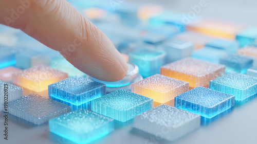 Human finger interacting with a vibrant, illuminated grid of abstract buttons, representing modern data control and future concepts.