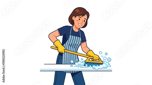 Woman cleaning with a mop and gloves.