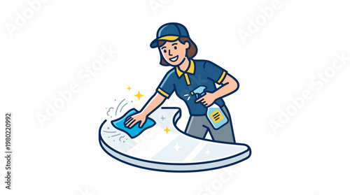 Woman cleaning with a blue cloth.