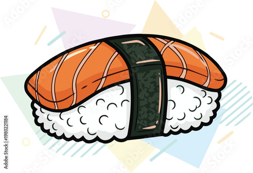 Salmon Sushi Nigiri Illustration with Memphis Geometric Elements