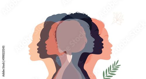 A diverse collection of women s profiles are layered together symbolizing unity and strength