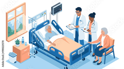 Medical professionals discuss patient discomfort with family in hospital room setting