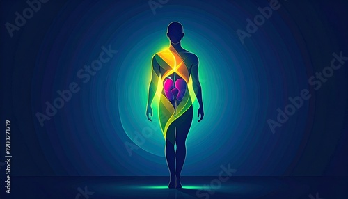 A digital art poster of a human silhouette with glowing internal organs symbolizing overall health and wellness, dark background