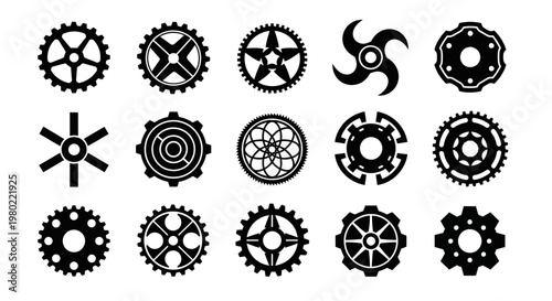 Industrial gear icons set, mechanical cogwheel vector collection, black engine wheel silhouettes, 15 technical hardware elements for engineering
