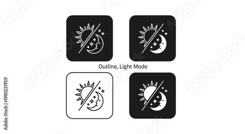Minimalist day and night mode icons, sun and moon outline symbols for UI design, light and dark theme toggle buttons, 4 vector elements for app interface