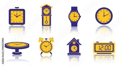 Flat clock icon set with 8 vector elements, purple and yellow timepieces collection, modern alarm clock and wristwatch symbols for scheduling