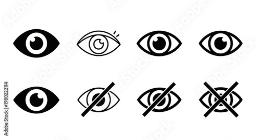 Minimalist eye icon set with 8 vector elements, black vision and visibility symbols, hidden and visible interface signs for web design